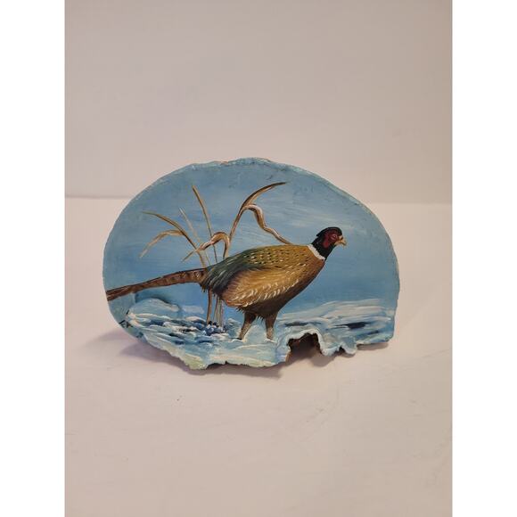 Handpainted Pheasant on Petrified Wood Art Signed FA 5" x 3" - Picture 2 of 11
